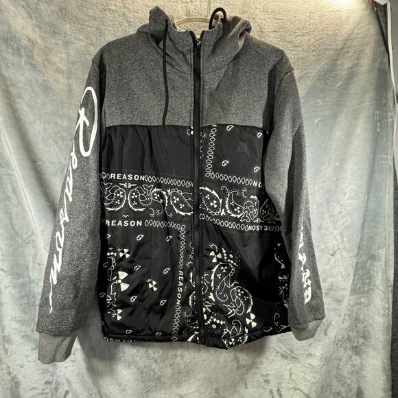 Reason Brand sweatshirt Men's Medium Black & Gray Hoodie  "Reason" Sleeve Print - Picture 10 of 12